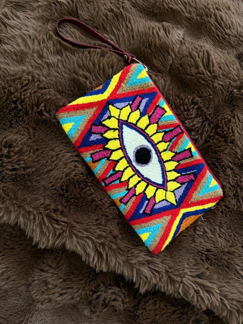Colorful Stitched Wristlet Clutch with Evil Eye Motif